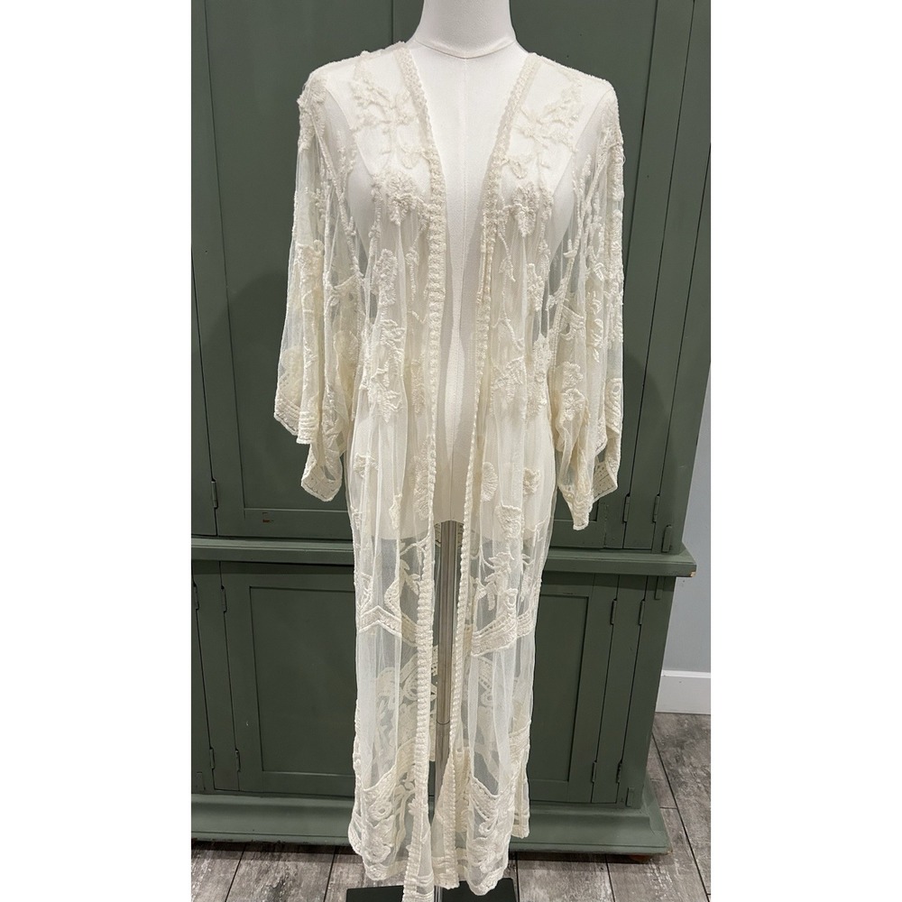 Ivory‎ Longline Sheer Lace Open Kimono L/XL Earthy Indie Natural Y2K Boho Beachy